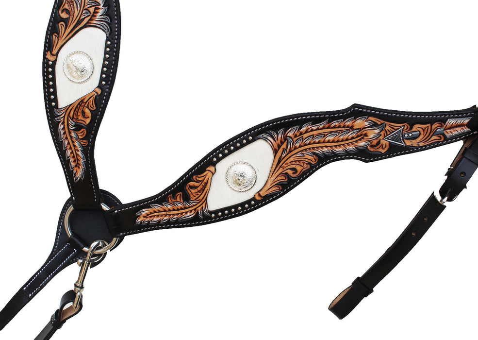 Horse Horse Western Feather Tooled One Ear Bridle & Breast Collar Set Hair-On 78FK16A