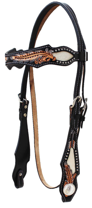 Horse Western  Feather Hair-On Tooled Headstall Bridle & Breast Collar Set 78FK16B