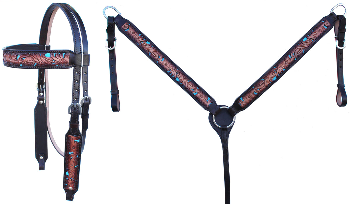 Horse Floral Tooled Turquoise Inlay Bridle & Breast Collar Set 78FK29