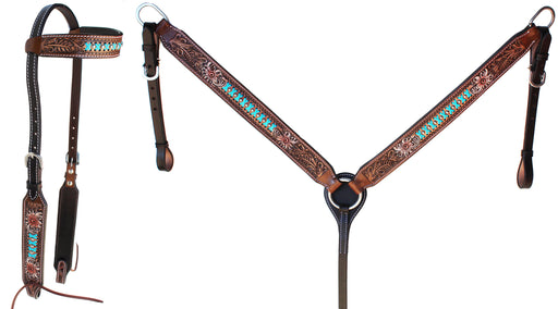 Horse Floral Tooled One Ear Bridle & Breast Collar Set 78FKOneEar