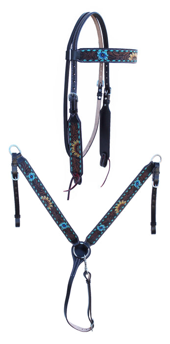 Horse Floral Tooled Browband Bridle & Breast Collar Set