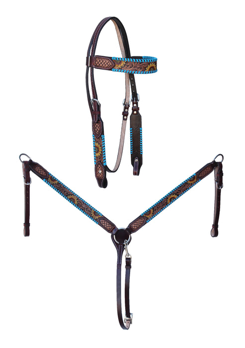 Horse Floral Tooled Browband Bridle & Breast Collar Set