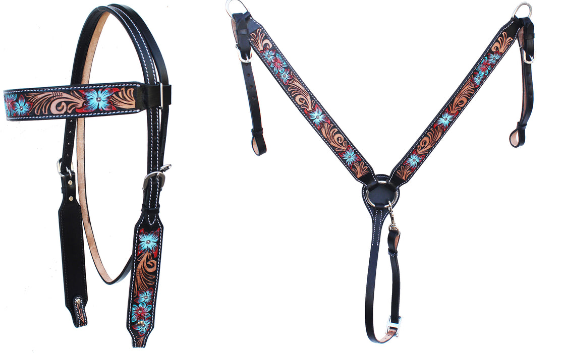 Horse Floral Tooled Browband Bridle & Breast Collar Set