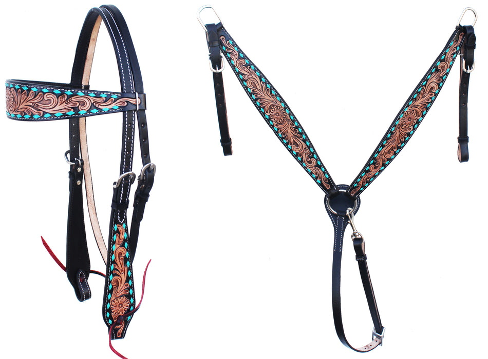 Horse Floral Tooled Browband Bridle & Breast Collar Set