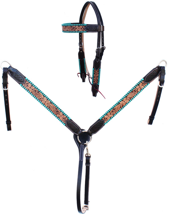 Horse Floral Tooled Browband Bridle & Breast Collar Set