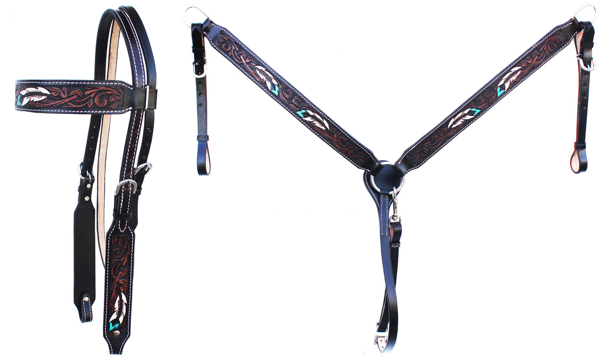 Horse Floral Tooled Browband Bridle & Breast Collar Set