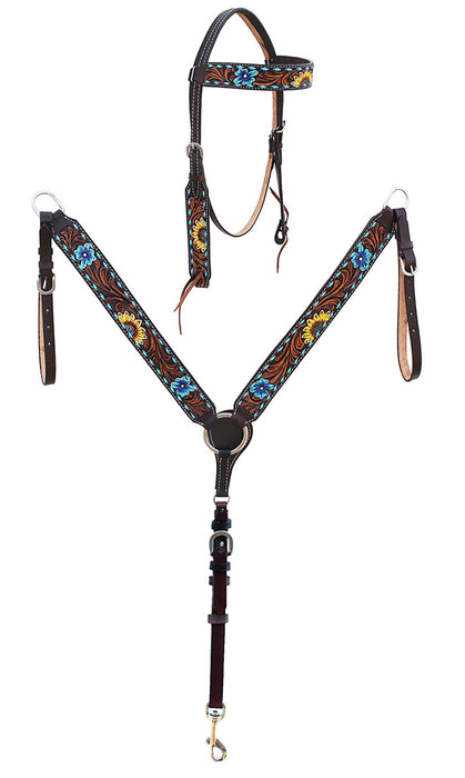 Horse Western Leather Tooled Headstall Bridle Breast Collar Tack Set 78HRBrowbandSet