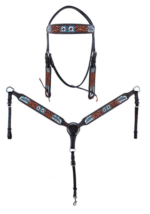 Horse Western Leather Tooled Headstall Bridle Breast Collar Tack Set 78HRBrowbandSet