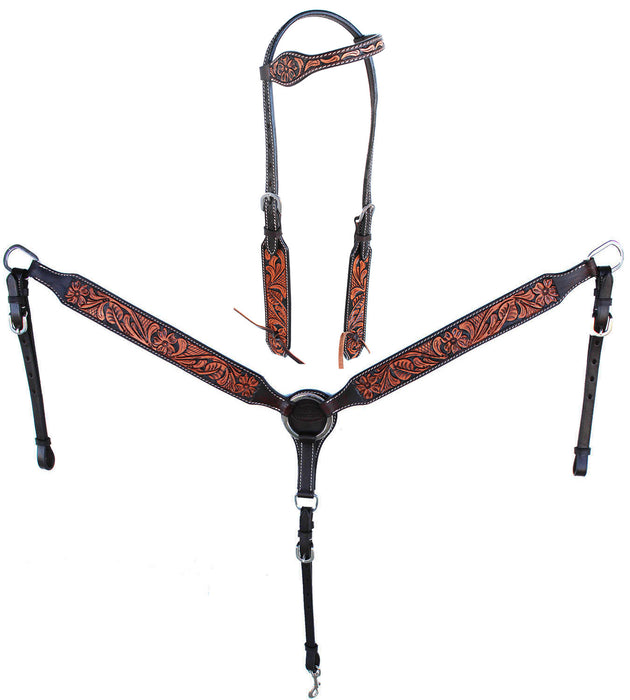 Horse Western Floral Tooled Laced One Ear Tack Set Bridle Headstall Breast Collar  78HR04A