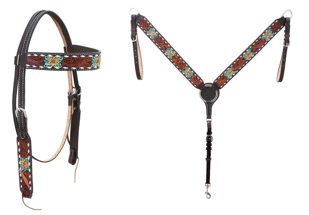 Horse Western Leather Tooled Headstall Bridle Breast Collar Tack Set 78HRBrowbandSet