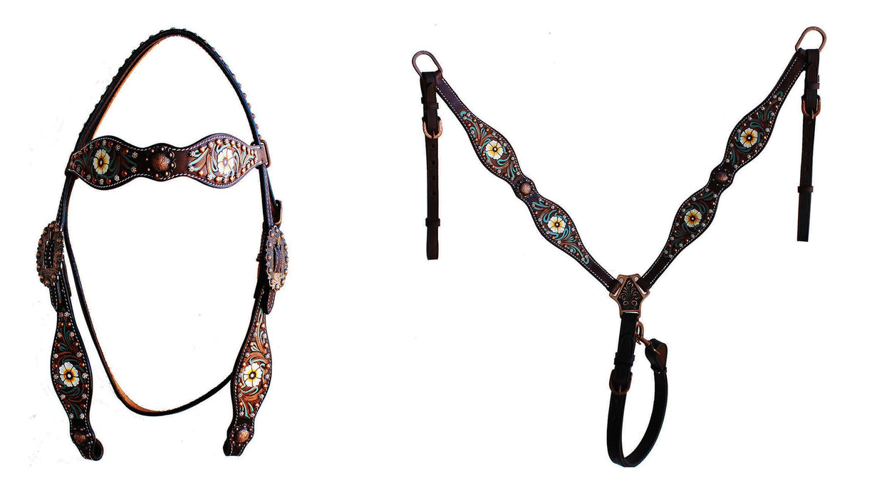Horse Western Leather Tooled Headstall Bridle Breast Collar Tack Set 78HRBrowbandSet