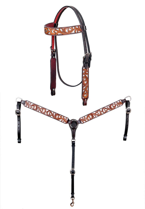 Horse Western Leather Tooled Headstall Bridle Breast Collar Tack Set 78HRBrowbandSet