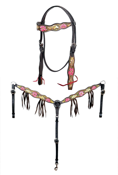 Horse Western Leather Tooled Headstall Bridle Breast Collar Tack Set 78HRBrowbandSet