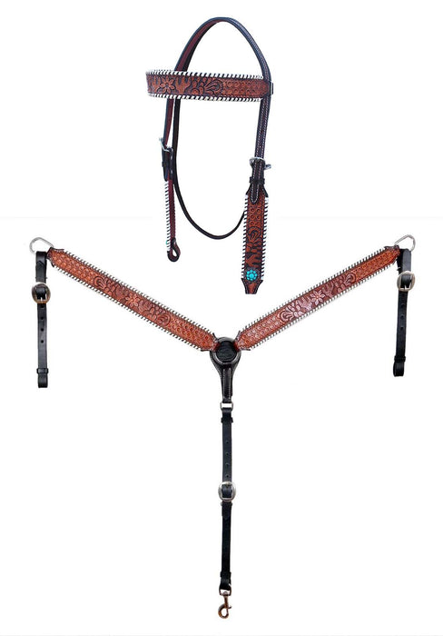 Horse Western Leather Tooled Headstall Bridle Breast Collar Tack Set 78HRBrowbandSet