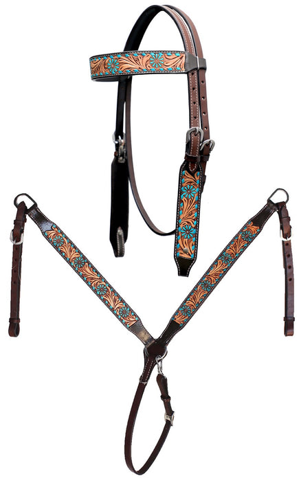 Horse Western Leather Tooled Headstall Bridle Breast Collar Tack Set 78HRBrowbandSet