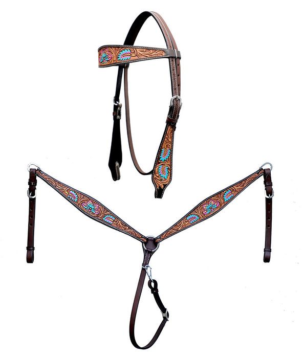 Horse Western Leather Tooled Headstall Bridle Breast Collar Tack Set 78HRBrowbandSet