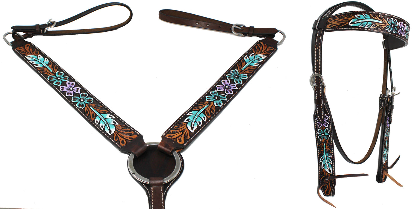 Horse Western Leather Tooled Headstall Bridle Breast Collar Tack Set 78HRBrowbandSet
