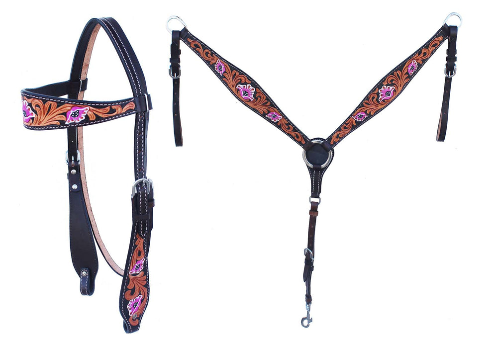 Horse Western Leather Tooled Headstall Bridle Breast Collar Tack Set 78HRBrowbandSet