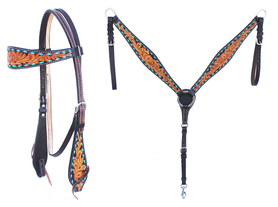 Horse Western Leather Tooled Headstall Bridle Breast Collar Tack Set 78HRBrowbandSet