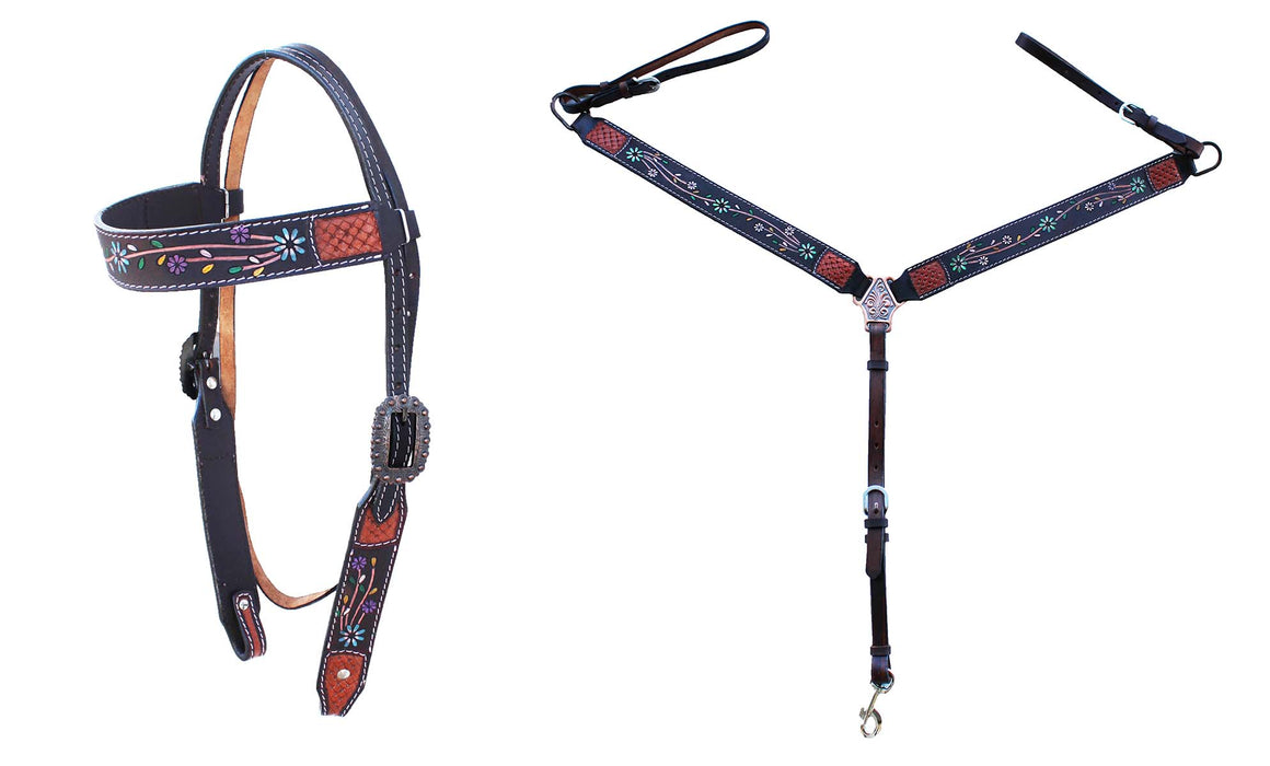 Horse Western Leather Tooled Headstall Bridle Breast Collar Tack Set 78HRBrowbandSet