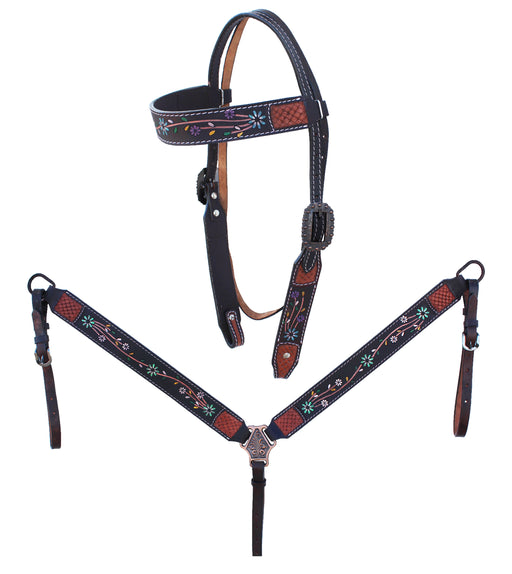 Horse Western Floral Tooled Browband Bridle & Breast Collar Tack Set 78HR25B