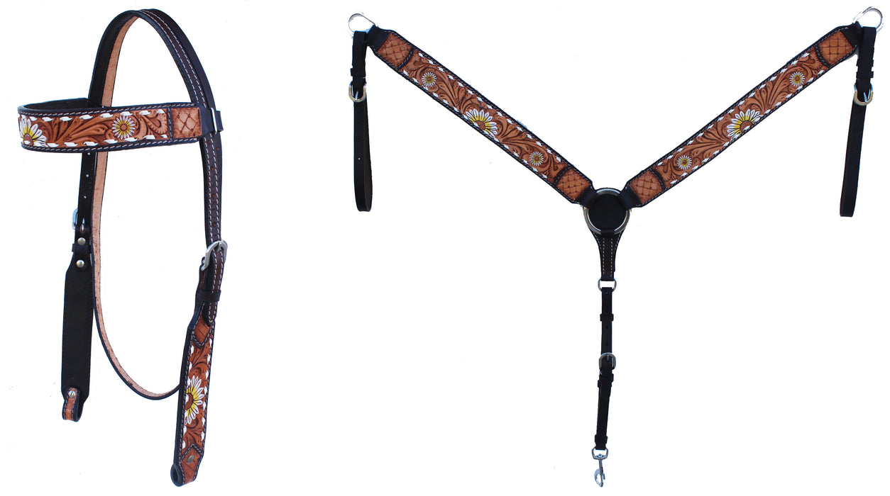 Horse Western Leather Tooled Headstall Bridle Breast Collar Tack Set 78HRBrowbandSet