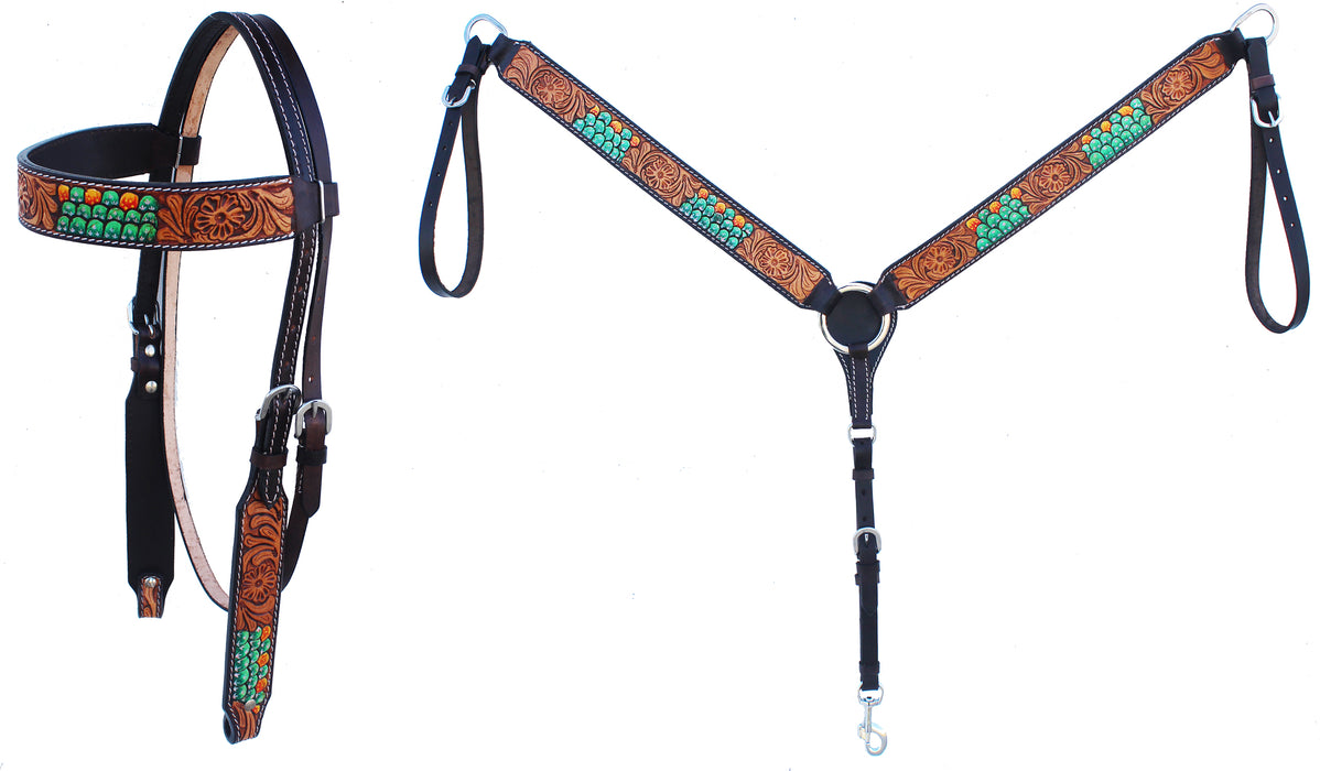 Horse Western Leather Tooled Headstall Bridle Breast Collar Tack Set 78HRBrowbandSet