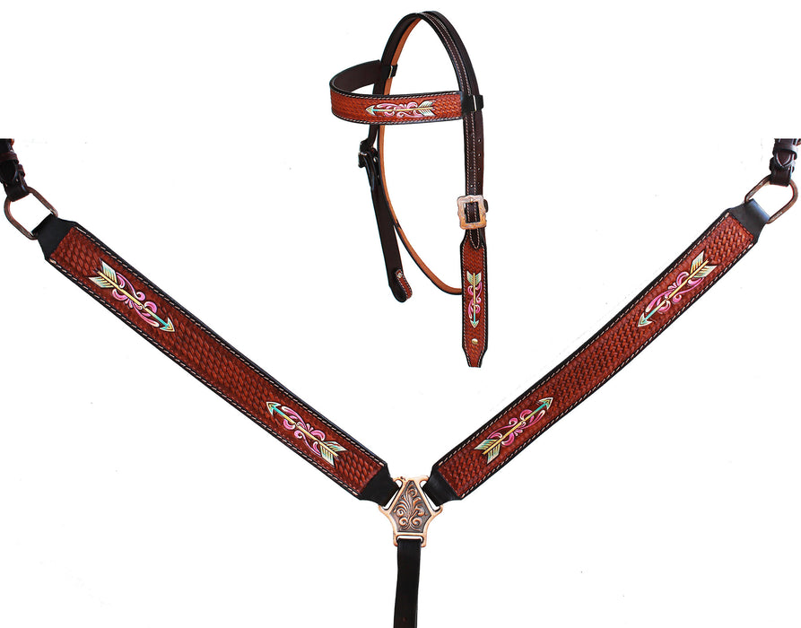 Horse Western Leather Tooled Headstall Bridle Breast Collar Tack Set 78HRBrowbandSet
