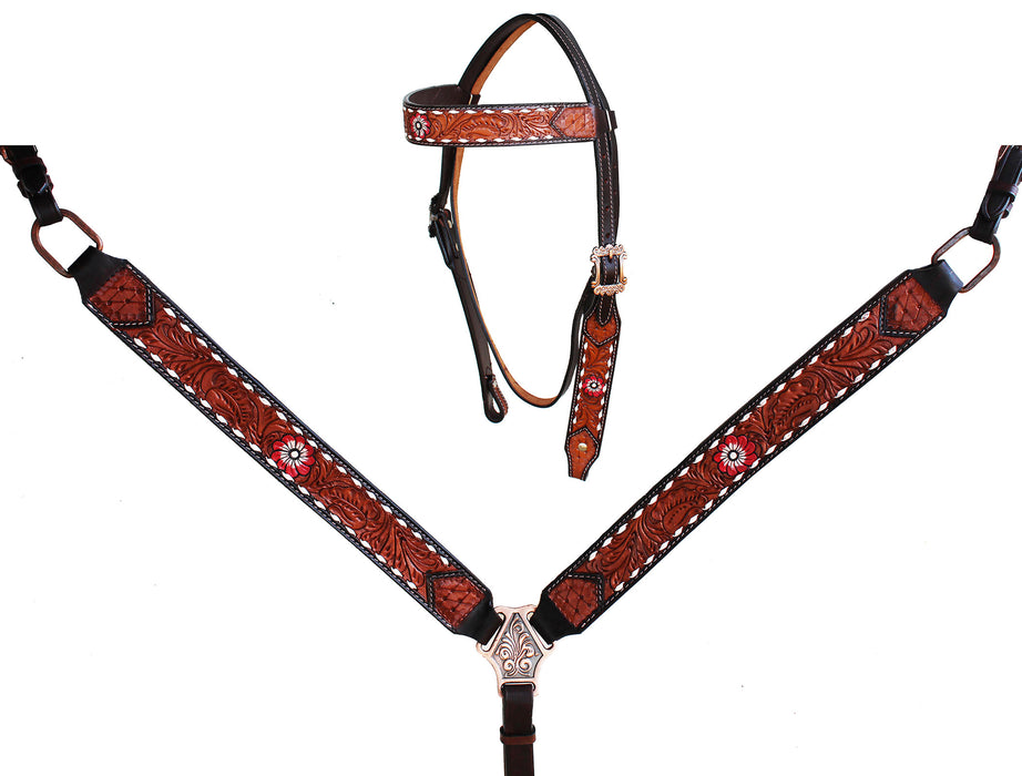 Horse Western Leather Tooled Headstall Bridle Breast Collar Tack Set 78HRBrowbandSet