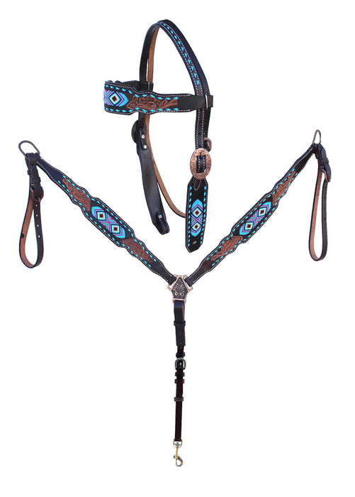 Horse Western Leather Tooled Headstall Bridle Breast Collar Tack Set 78HRBrowbandSet