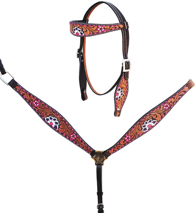 Horse Western Floral Tooled Browband Bridle & Breast Collar Tack Set 78HR36B