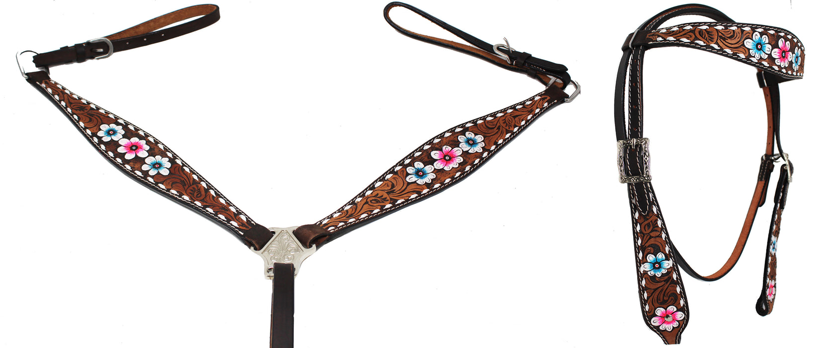 Horse Western Floral Tooled Browband Bridle & Breast Collar Tack Set 78HR37B