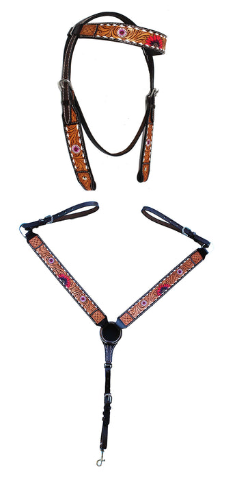 Horse Western Leather Tooled Headstall Bridle Breast Collar Tack Set 78HRBrowbandSet