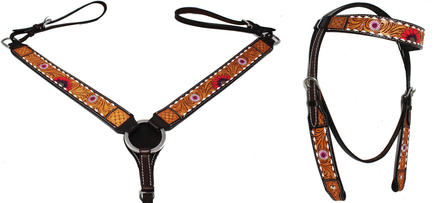 Horse Western Floral Tooled Browband Bridle & Breast Collar Tack Set 78HR38B