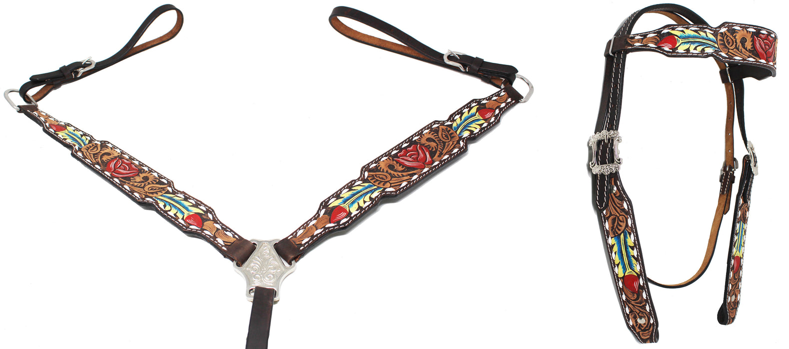 Horse Western Leather Tooled Headstall Bridle Breast Collar Tack Set 78HRBrowbandSet