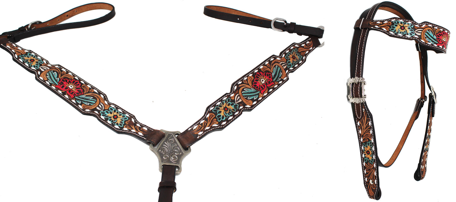 Horse Western Leather Tooled Headstall Bridle Breast Collar Tack Set 78HRBrowbandSet