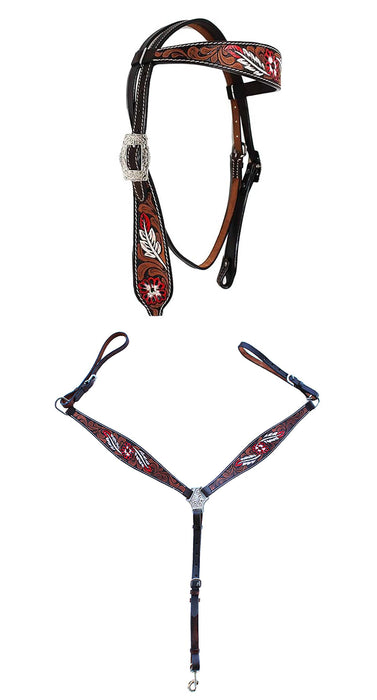 Horse Western Leather Tooled Headstall Bridle Breast Collar Tack Set 78HRBrowbandSet