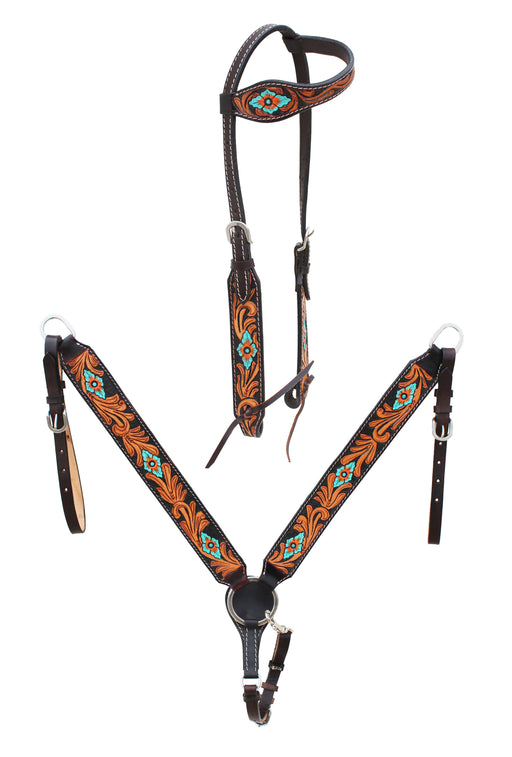 Horse Western Flower Tooled One Ear Bridle & Breast Collar Tack Set 78HR51A