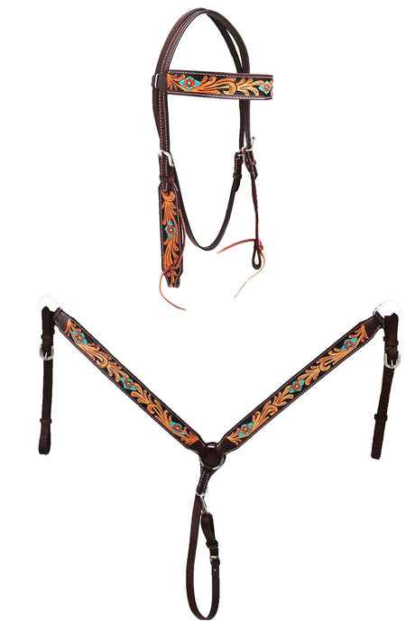 Horse Western Leather Tooled Headstall Bridle Breast Collar Tack Set 78HRBrowbandSet