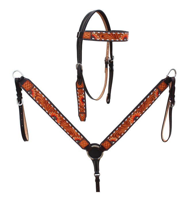 Horse Western Leather Tooled Headstall Bridle Breast Collar Tack Set 78HRBrowbandSet