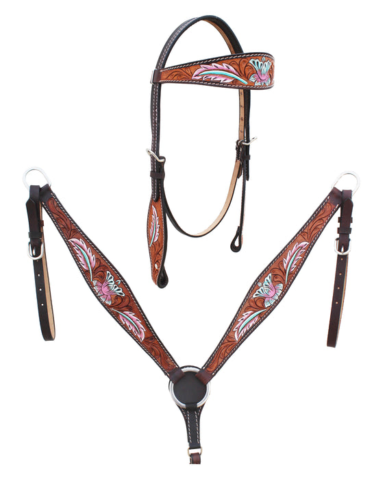 Horse Western Leather Tooled Headstall Bridle Breast Collar Tack Set 78HRBrowbandSet