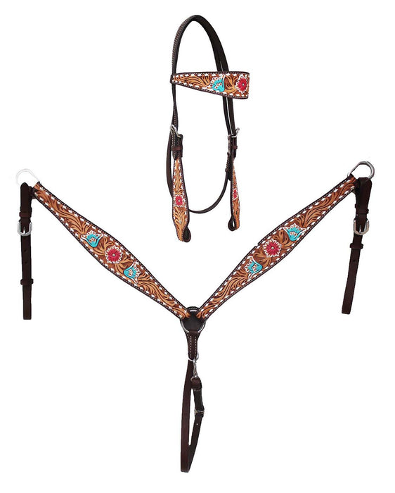 Horse Western Leather Tooled Headstall Bridle Breast Collar Tack Set 78HRBrowbandSet