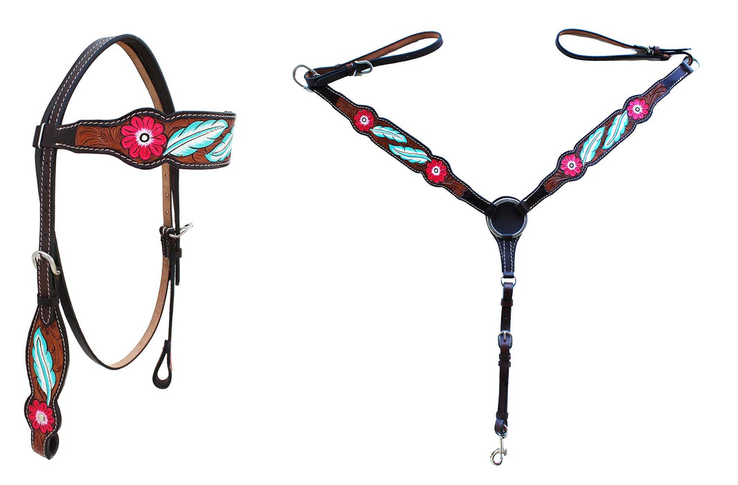 Horse Western Leather Tooled Headstall Bridle Breast Collar Tack Set 78HRBrowbandSet