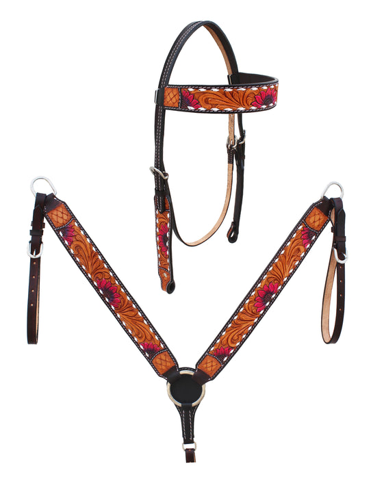 Horse Western Leather Tooled Headstall Bridle Breast Collar Tack Set 78HRBrowbandSet