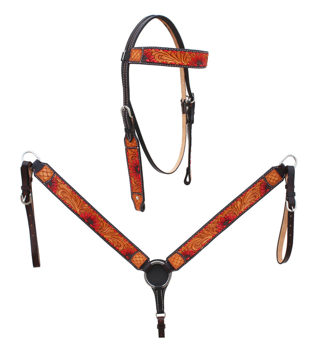 Horse Western Leather Tooled Headstall Bridle Breast Collar Tack Set 78HRBrowbandSet