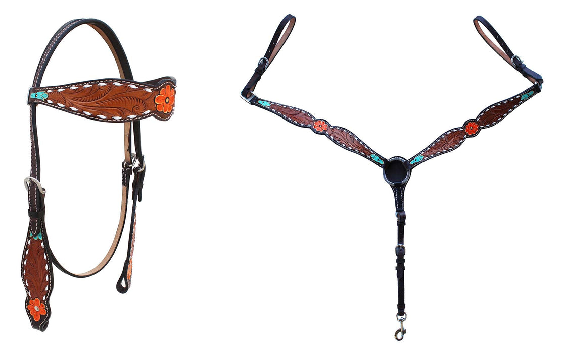 Horse Western Leather Tooled Headstall Bridle Breast Collar Tack Set 78HRBrowbandSet