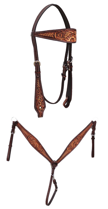 Horse Western Leather Tooled Headstall Bridle Breast Collar Tack Set 78HRBrowbandSet