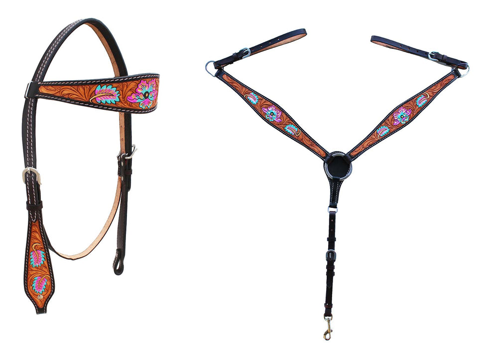 Horse Western Leather Tooled Headstall Bridle Breast Collar Tack Set 78HRBrowbandSet