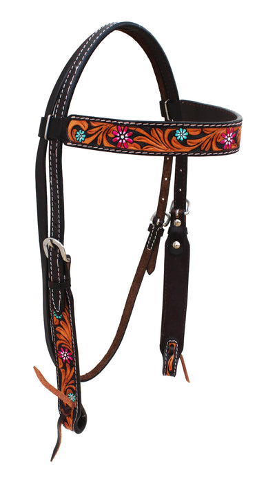 Horse Western Tack Floral Tooled Browband Leather Bridle Headstall 78HR65HB