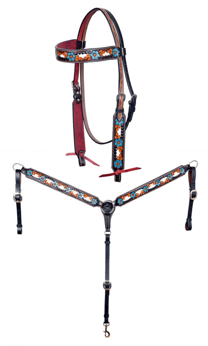 Horse Western Leather Tooled Headstall Bridle Breast Collar Tack Set 78HRBrowbandSet